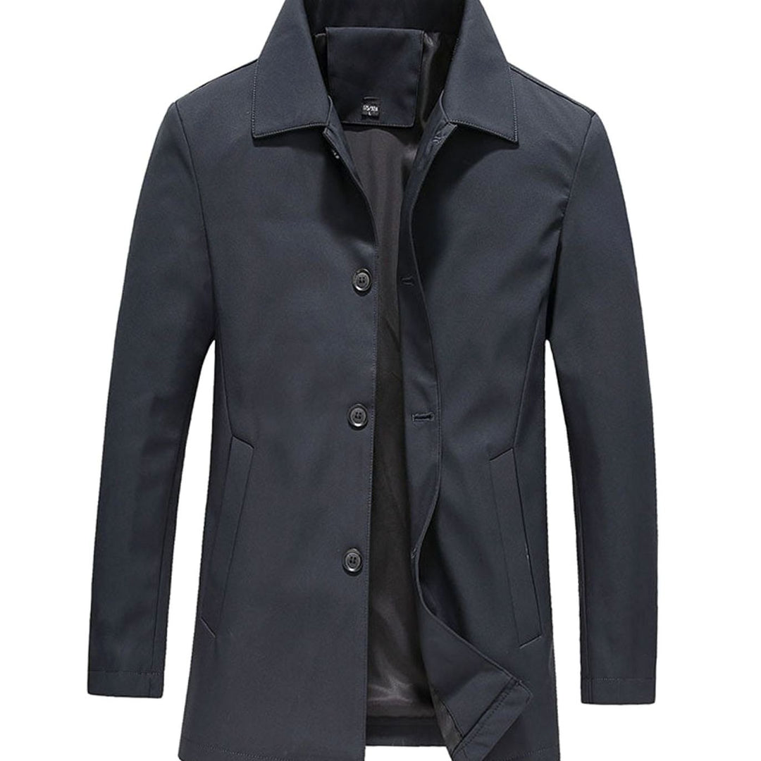 Heren Winddichte Lange Knoop Winterjas Effen Revers - Marineblauw