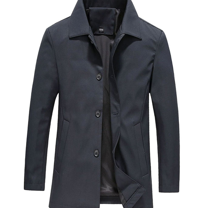 Heren Winddichte Lange Knoop Winterjas Effen Revers - Marineblauw
