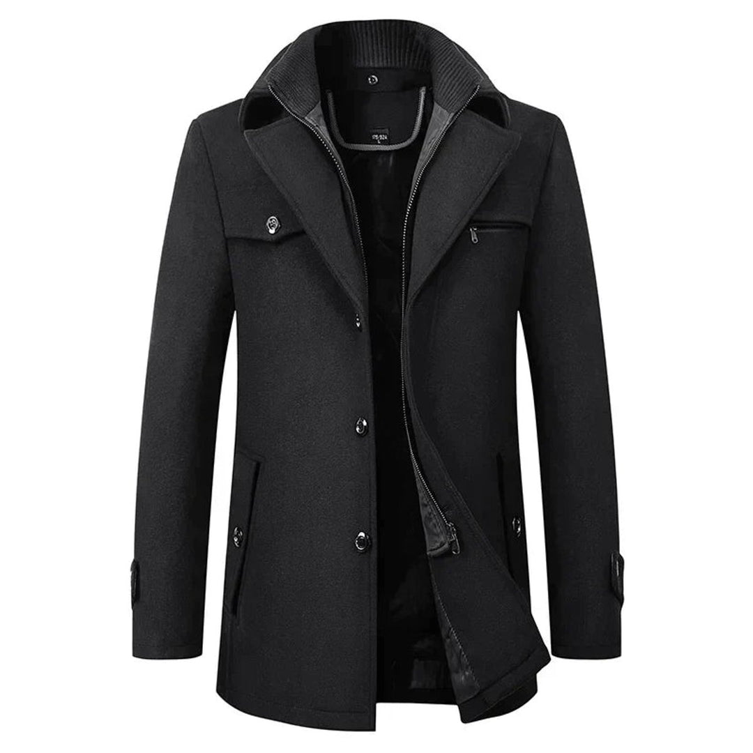 Heren Winterjas Elegante Dubbele Kraag Wollen Overjas - Zwart