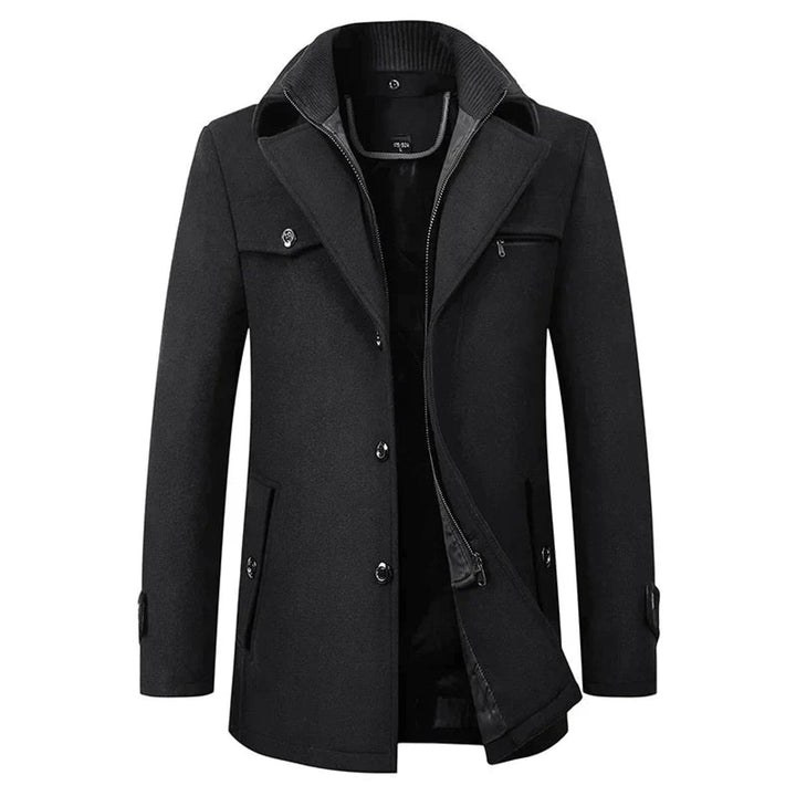 Heren Winterjas Elegante Dubbele Kraag Wollen Overjas - Zwart