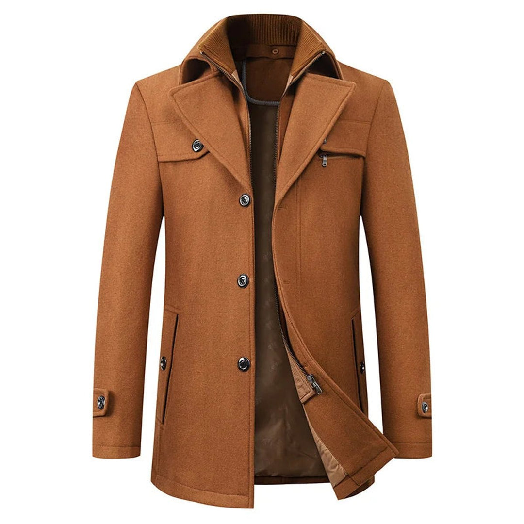 Heren Winterjas Elegante Dubbele Kraag Wollen Overjas - Bruin