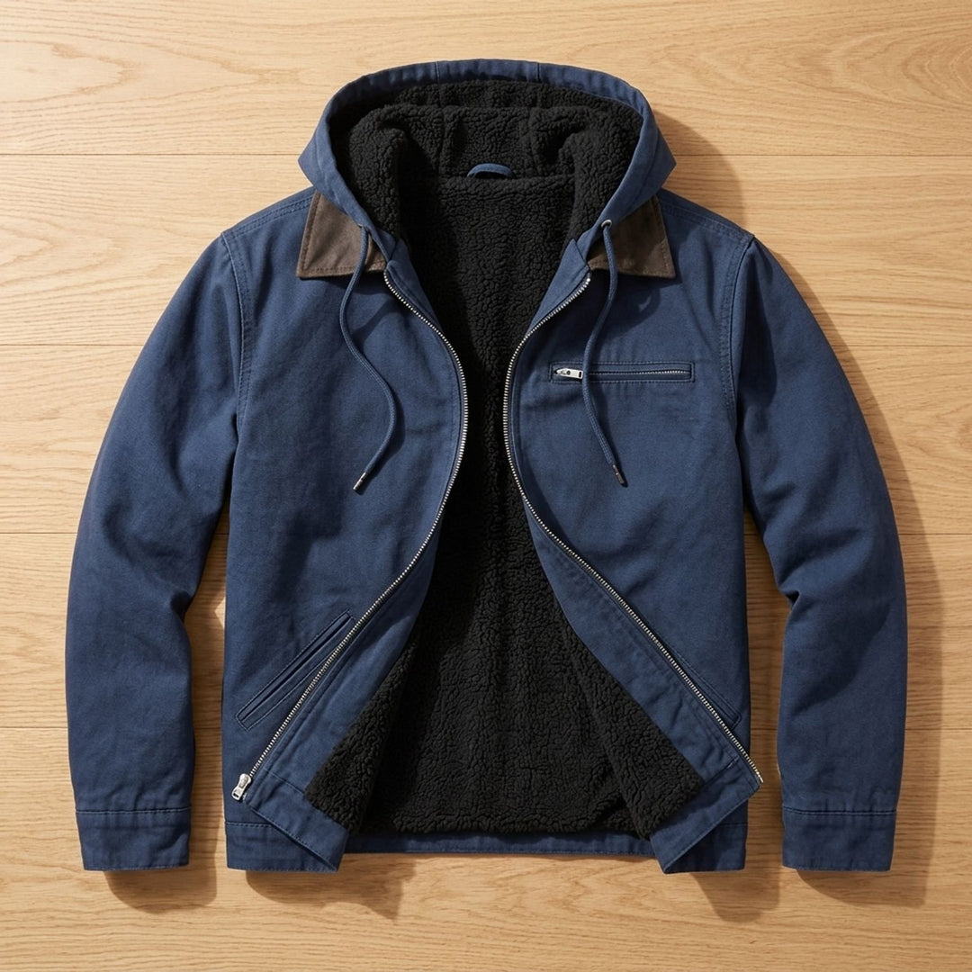 Heren Winterjas Gevoerd Canvas Capuchonjas met Volledige Rits - Blauw