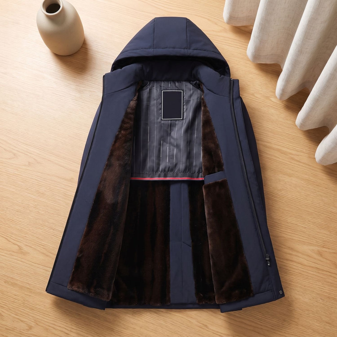 Heren Winterjas met Fleece Voering Capuchon Longline Coat - Marineblauw