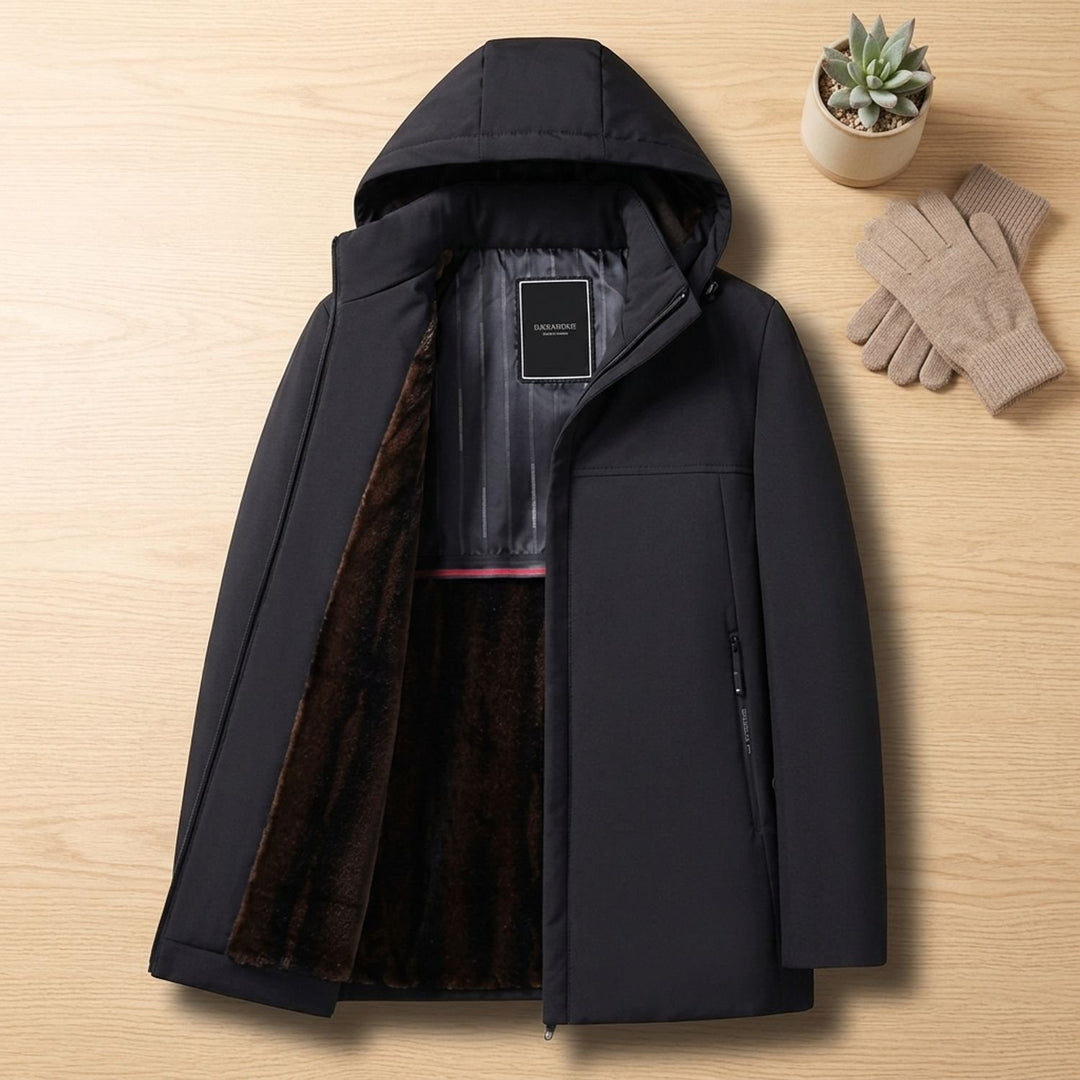 Heren Winterjas met Fleece Voering Capuchon Longline Coat - Zwart