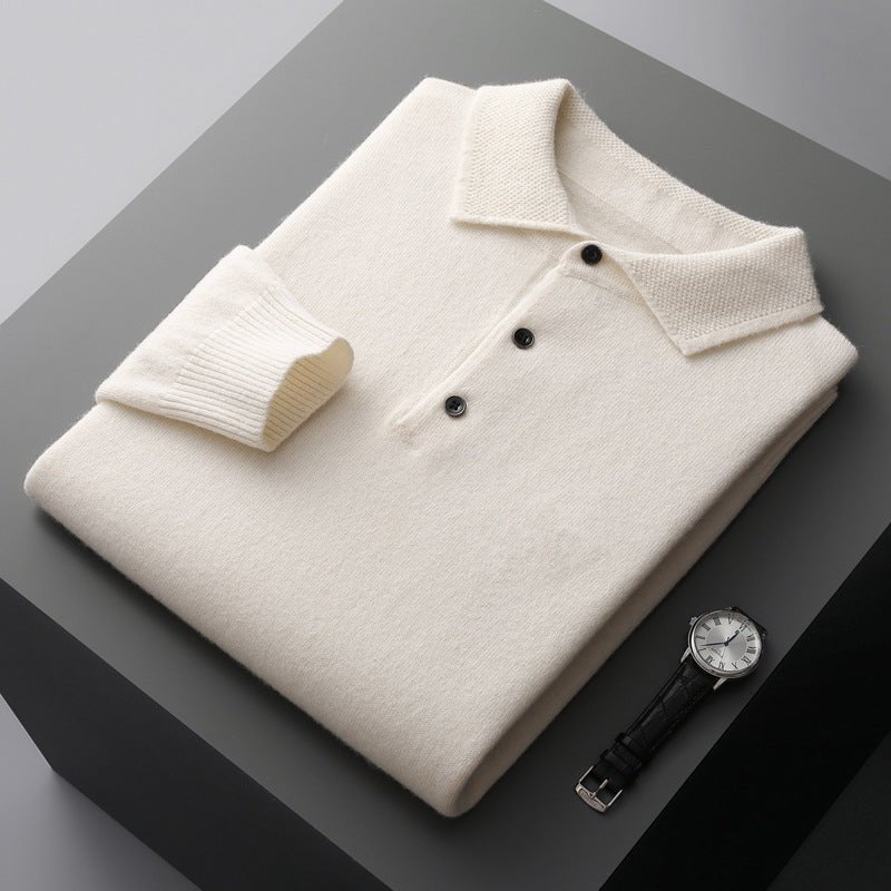 Heren Zachte Gebreide Lange Mouw Regular-Fit Poloshirt - White