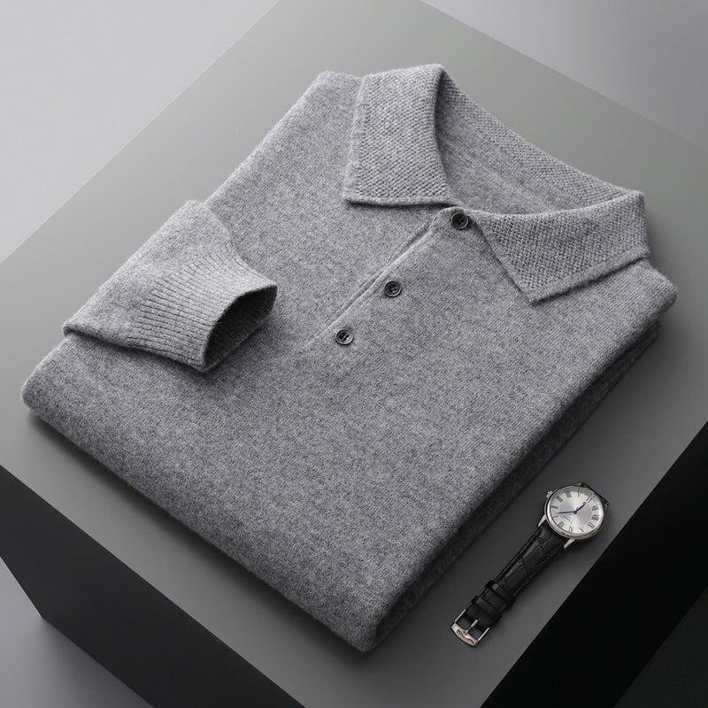 Heren Zachte Gebreide Lange Mouw Regular-Fit Poloshirt - Grey