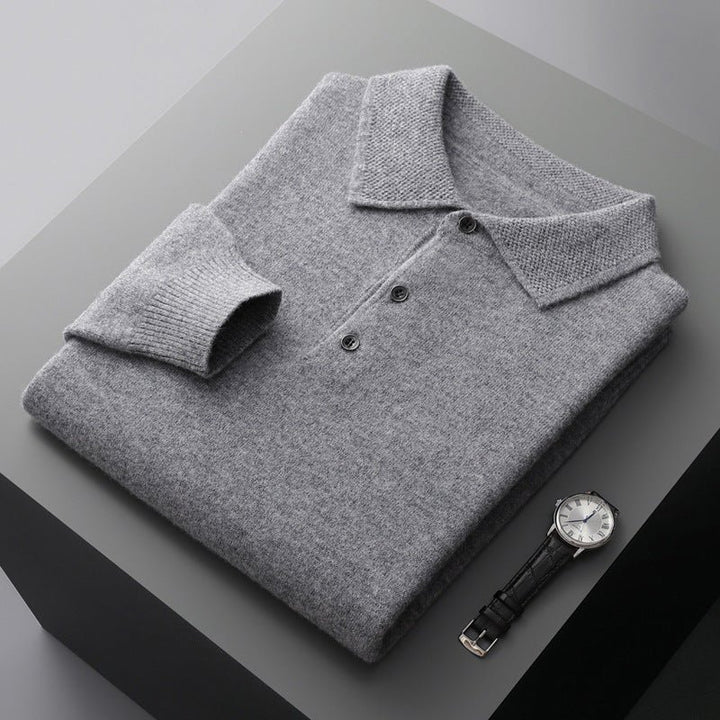 Heren Zachte Gebreide Lange Mouw Regular-Fit Poloshirt - Grey