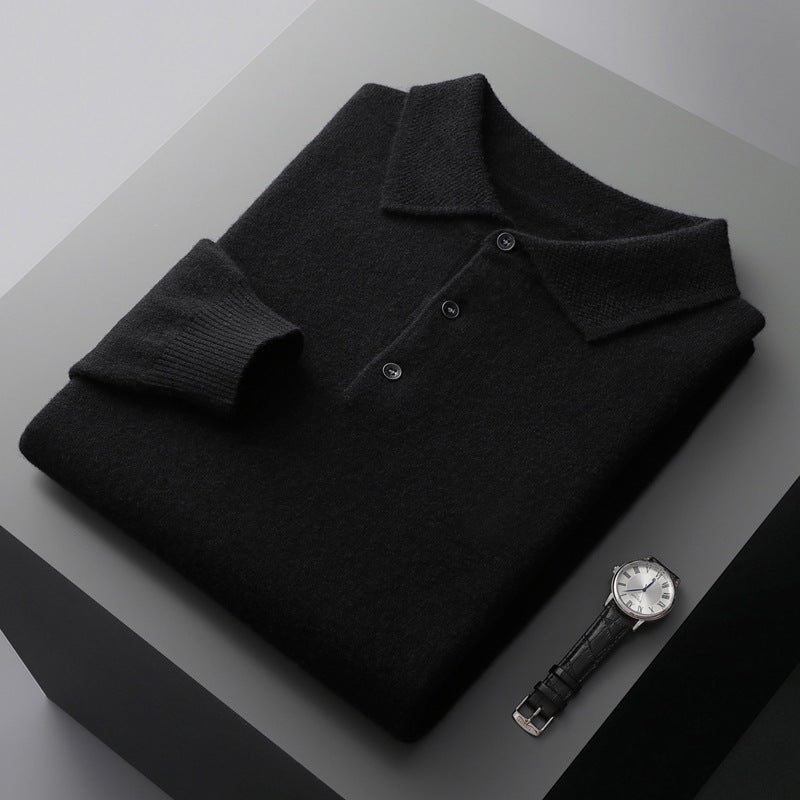 Heren Zachte Gebreide Lange Mouw Regular-Fit Poloshirt - Black