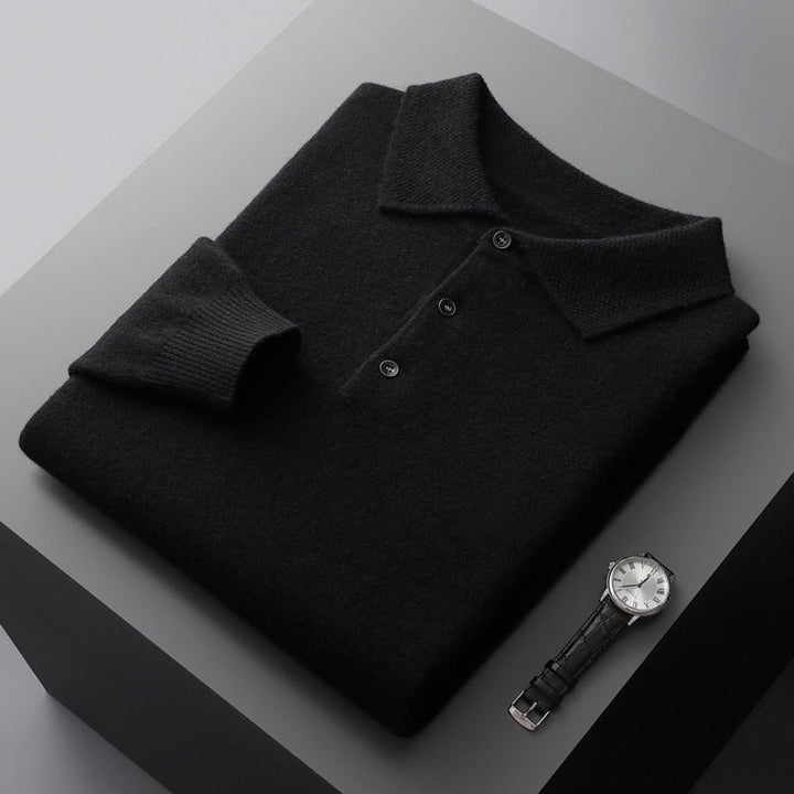 Heren Zachte Gebreide Lange Mouw Regular-Fit Poloshirt - Black