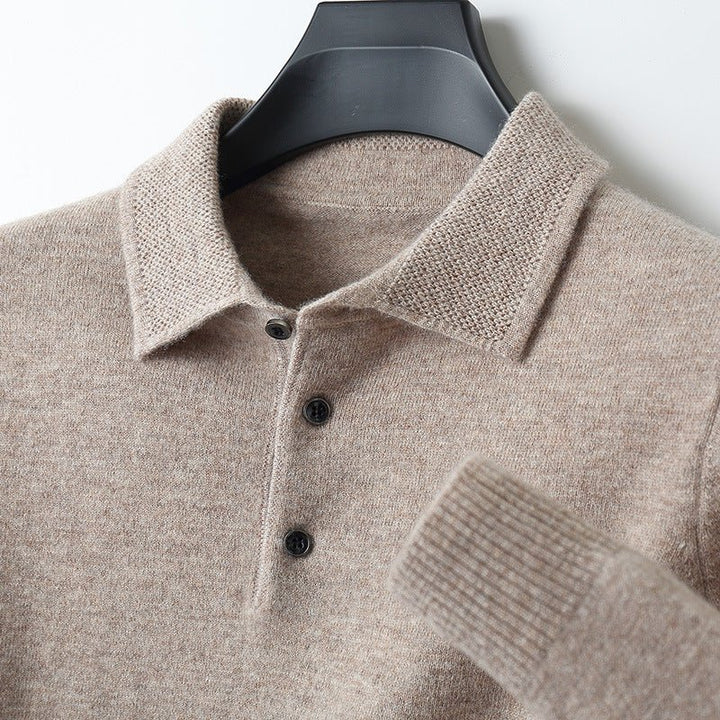 Heren Zachte Gebreide Lange Mouw Regular-Fit Poloshirt - Khaki
