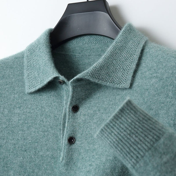 Heren Zachte Gebreide Lange Mouw Regular-Fit Poloshirt - Green