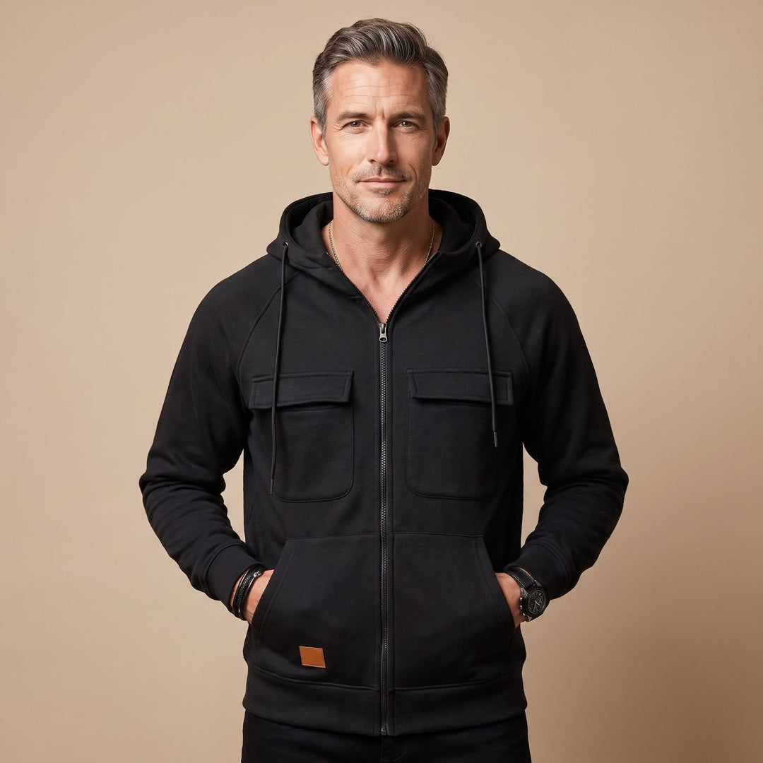 Heren Zip-Up Hoodie Jacket met Borstzakken - Zwart