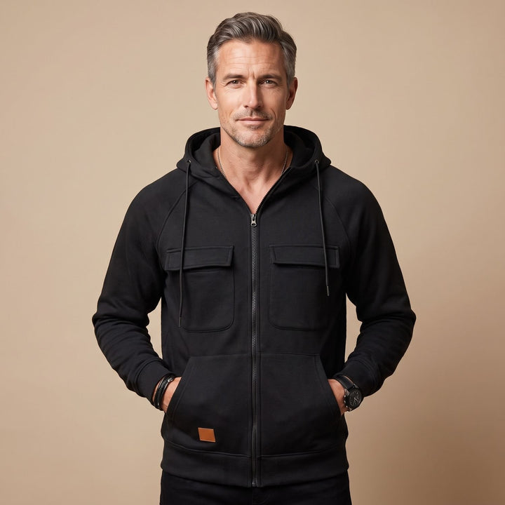 Heren Zip-Up Hoodie Jacket met Borstzakken - Zwart
