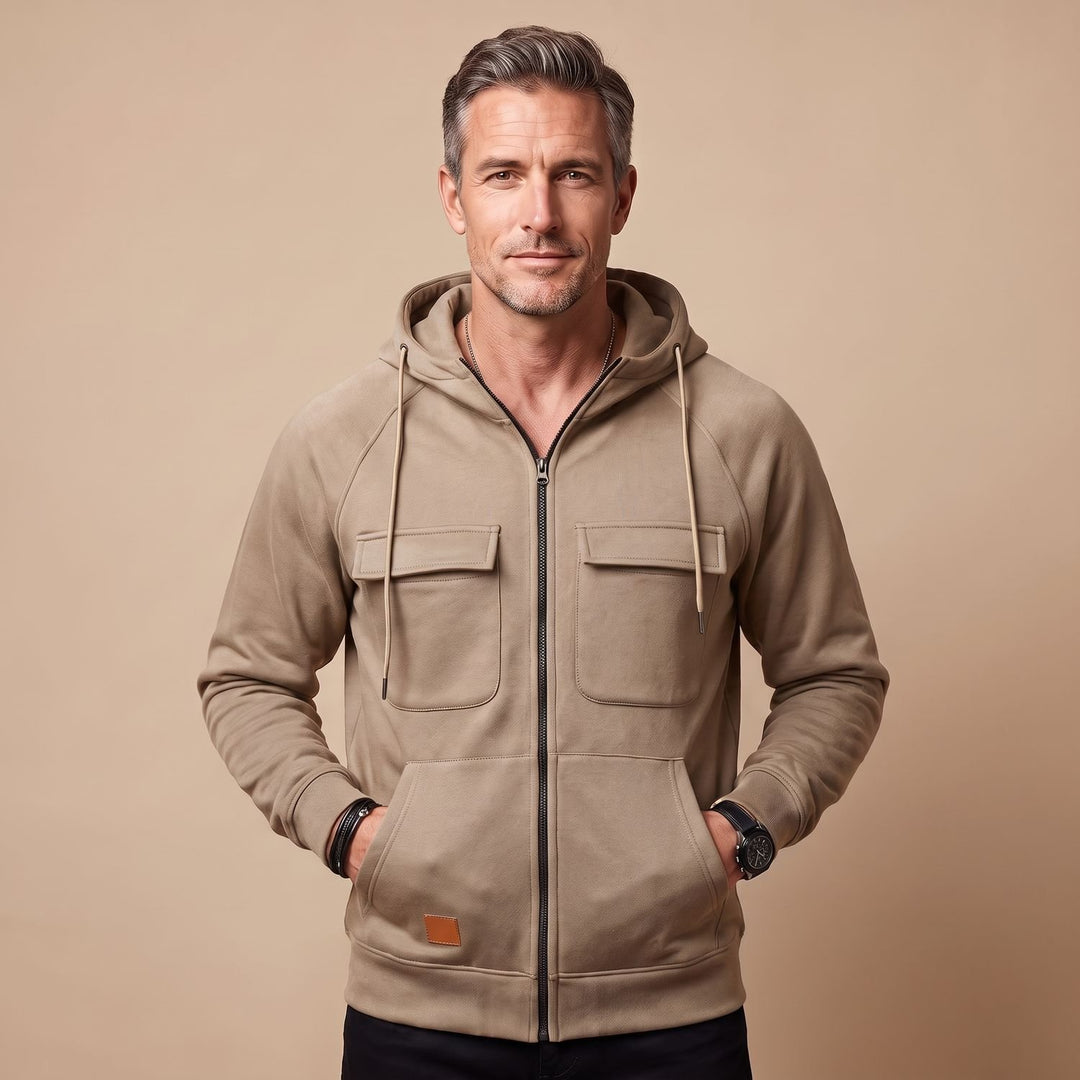 Heren Zip-Up Hoodie Jacket met Borstzakken - Beige