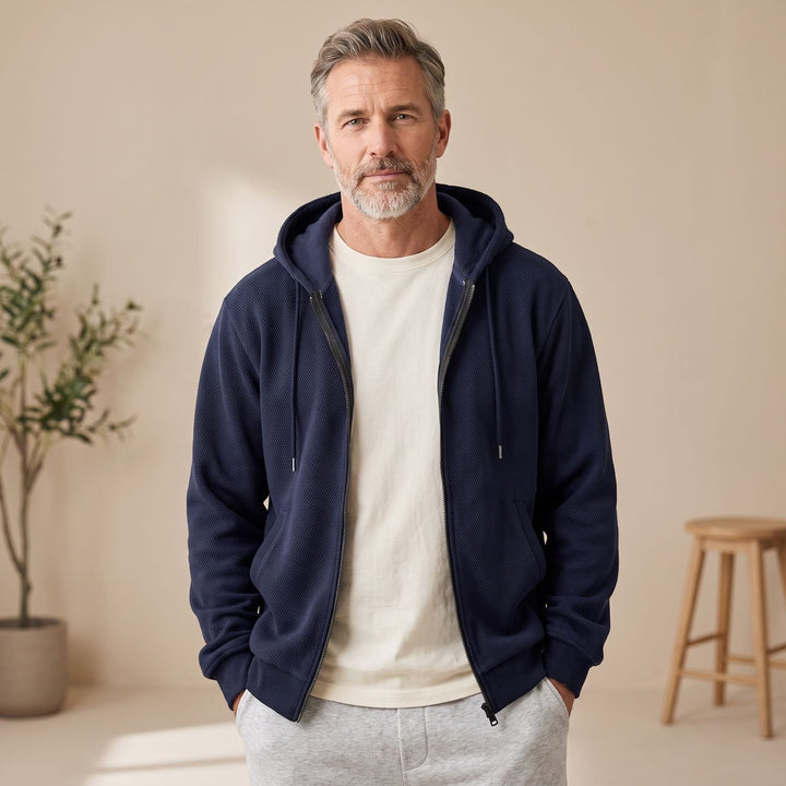 Heren Zip-Up Hoodie Jacket met Structuurstof en Verstelbare Capuchon - Marineblauw