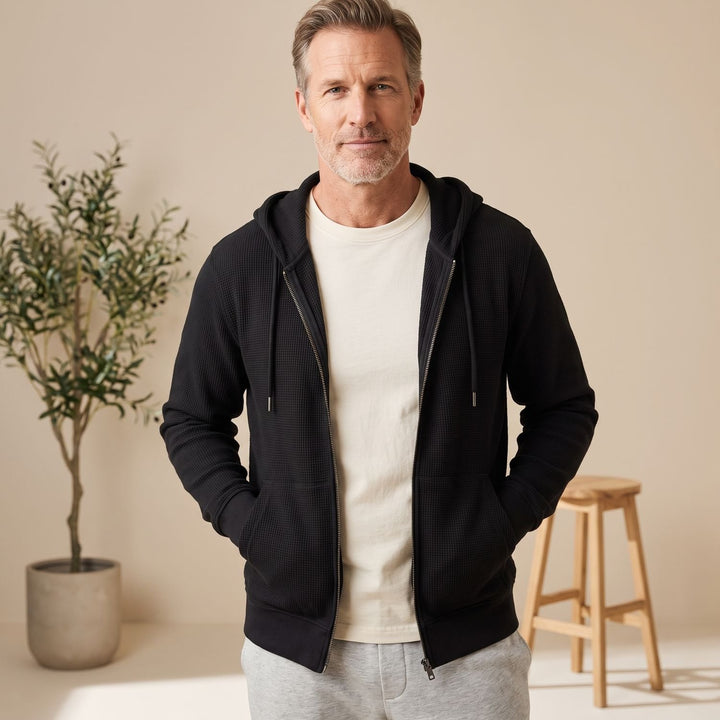 Heren Zip-Up Hoodie Jacket met Structuurstof en Verstelbare Capuchon - Zwart