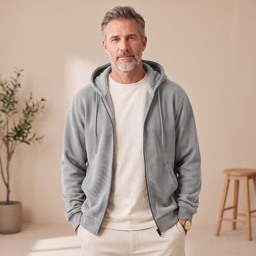 Heren Zip-Up Hoodie Jacket met Structuurstof en Verstelbare Capuchon - Grijs
