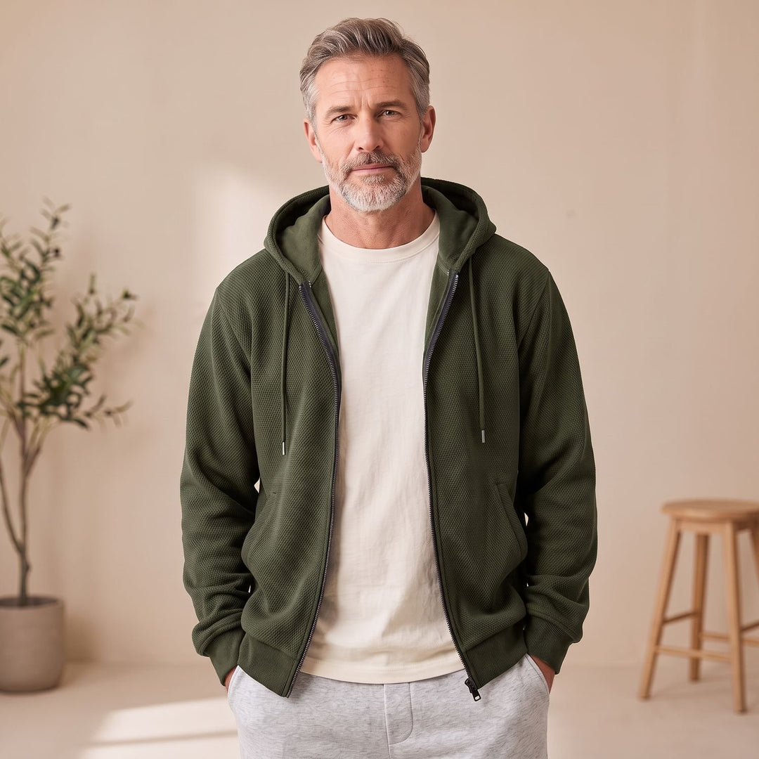 Heren Zip-Up Hoodie Jacket met Structuurstof en Verstelbare Capuchon - Groen