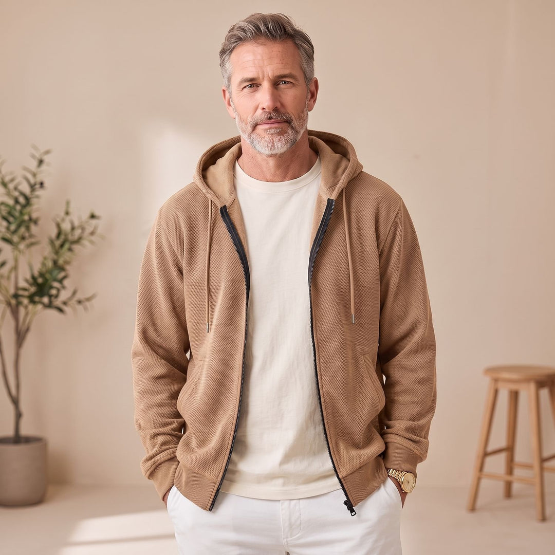 Heren Zip-Up Hoodie Jacket met Structuurstof en Verstelbare Capuchon - Bruin