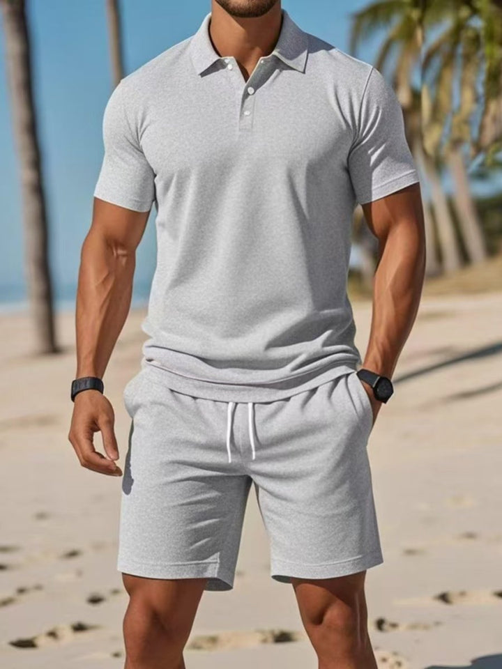 Heren Zomer Polo Shirt Shorts Set Casual Strandoutfit - Lichtgrijs