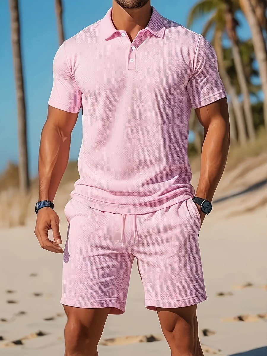 Heren Zomer Polo Shirt Shorts Set Casual Strandoutfit - Lichtroze
