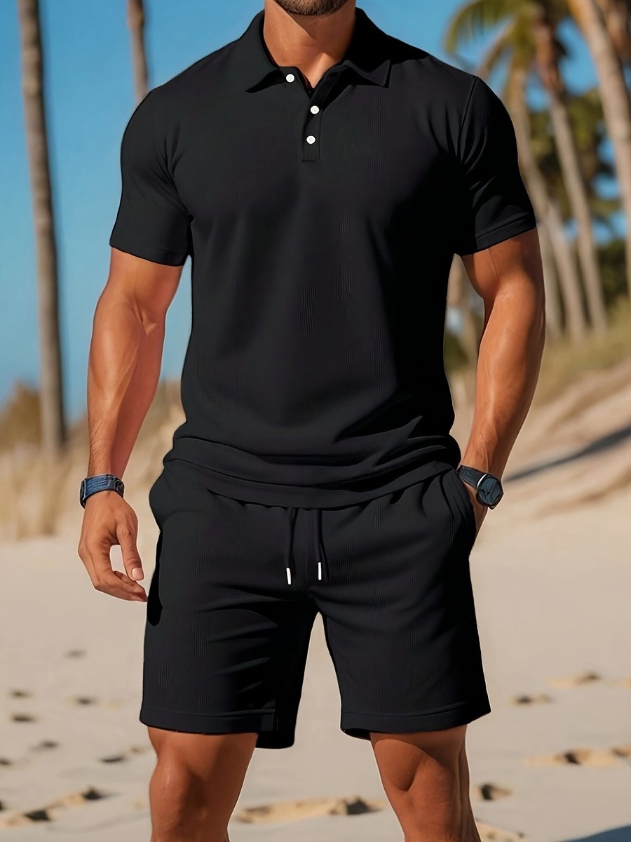 Heren Zomer Polo Shirt Shorts Set Casual Strandoutfit - Zwart