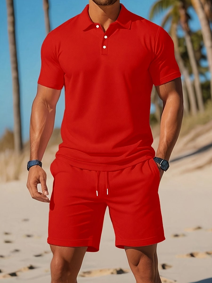 Heren Zomer Polo Shirt Shorts Set Casual Strandoutfit - Rood