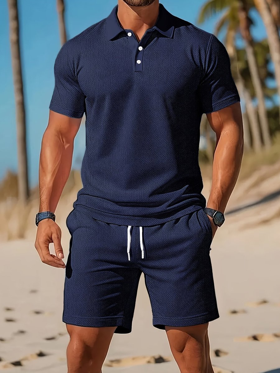 Heren Zomer Polo Shirt Shorts Set Casual Strandoutfit - Marineblauw