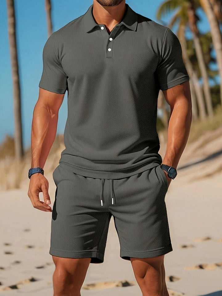 Heren Zomer Polo Shirt Shorts Set Casual Strandoutfit - Donkergrijs