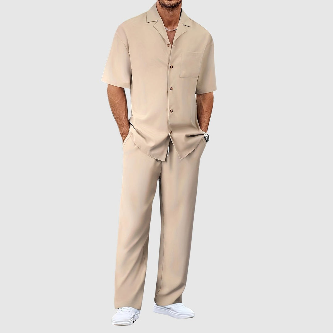 Heren Zomer Tweedelig Casual Korte Mouw Overhemd Broek Set - Khaki