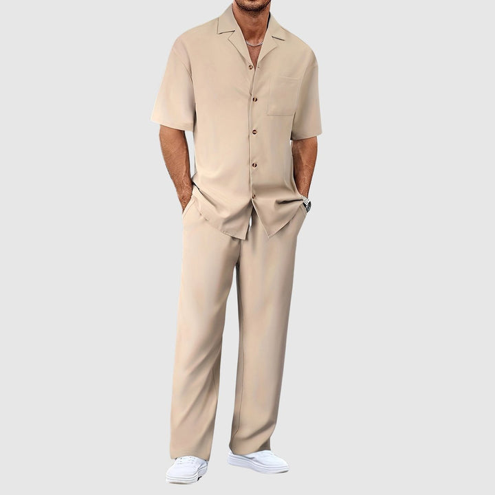 Heren Zomer Tweedelig Casual Korte Mouw Overhemd Broek Set - Khaki