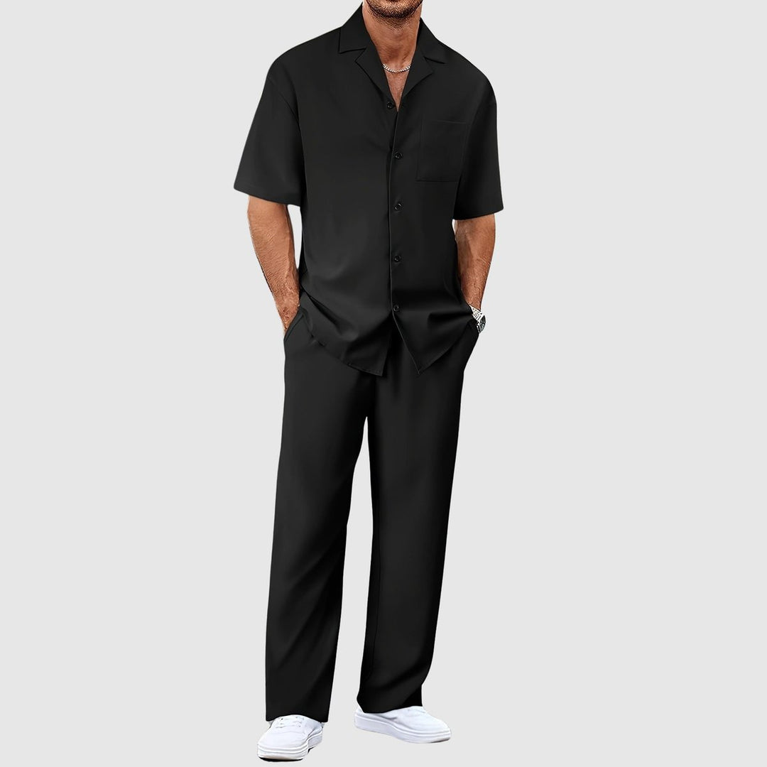 Heren Zomer Tweedelig Casual Korte Mouw Overhemd Broek Set - Zwart