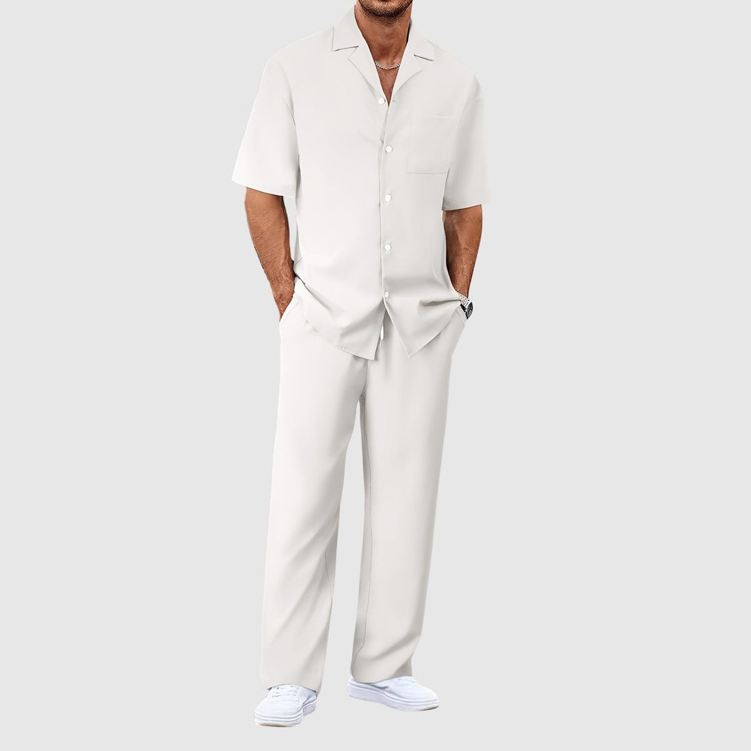Heren Zomer Tweedelig Casual Korte Mouw Overhemd Broek Set - Wit