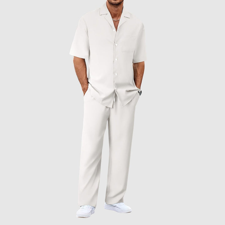 Heren Zomer Tweedelig Casual Korte Mouw Overhemd Broek Set - Wit
