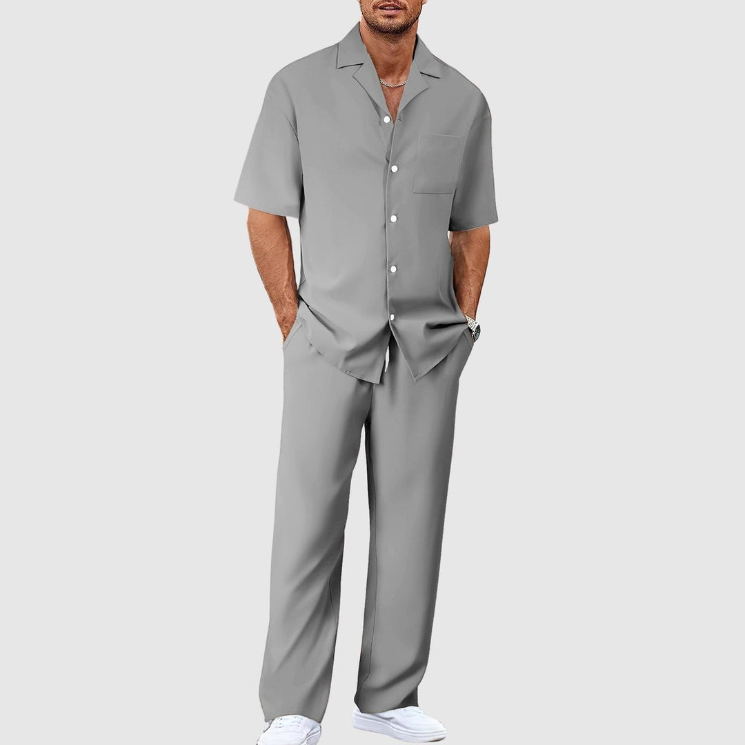 Heren Zomer Tweedelig Casual Korte Mouw Overhemd Broek Set - Grijs