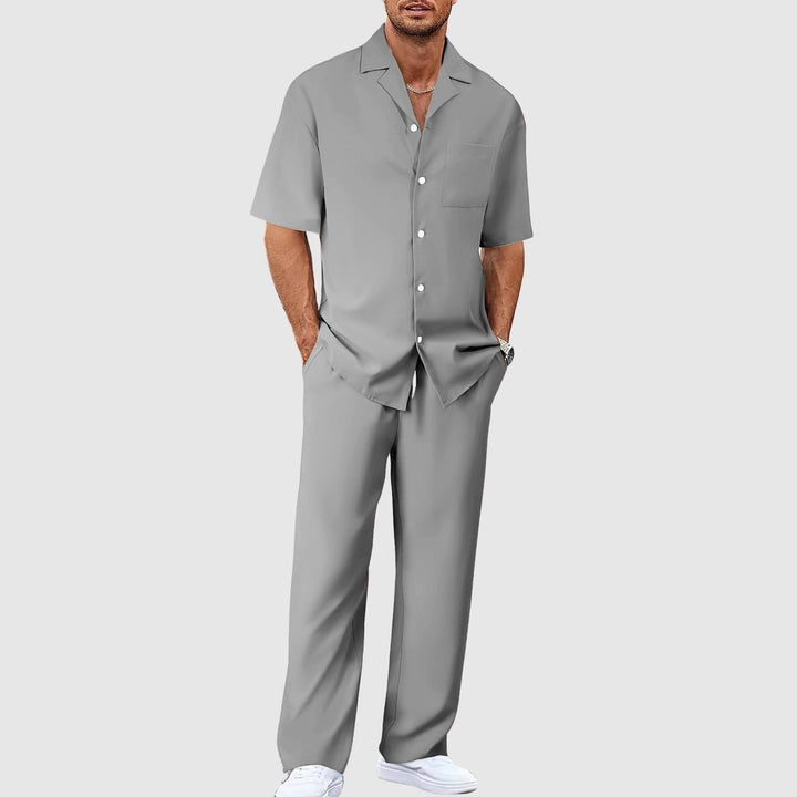 Heren Zomer Tweedelig Casual Korte Mouw Overhemd Broek Set - Grijs