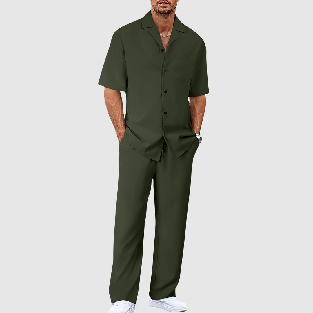Heren Zomer Tweedelig Casual Korte Mouw Overhemd Broek Set - Groen