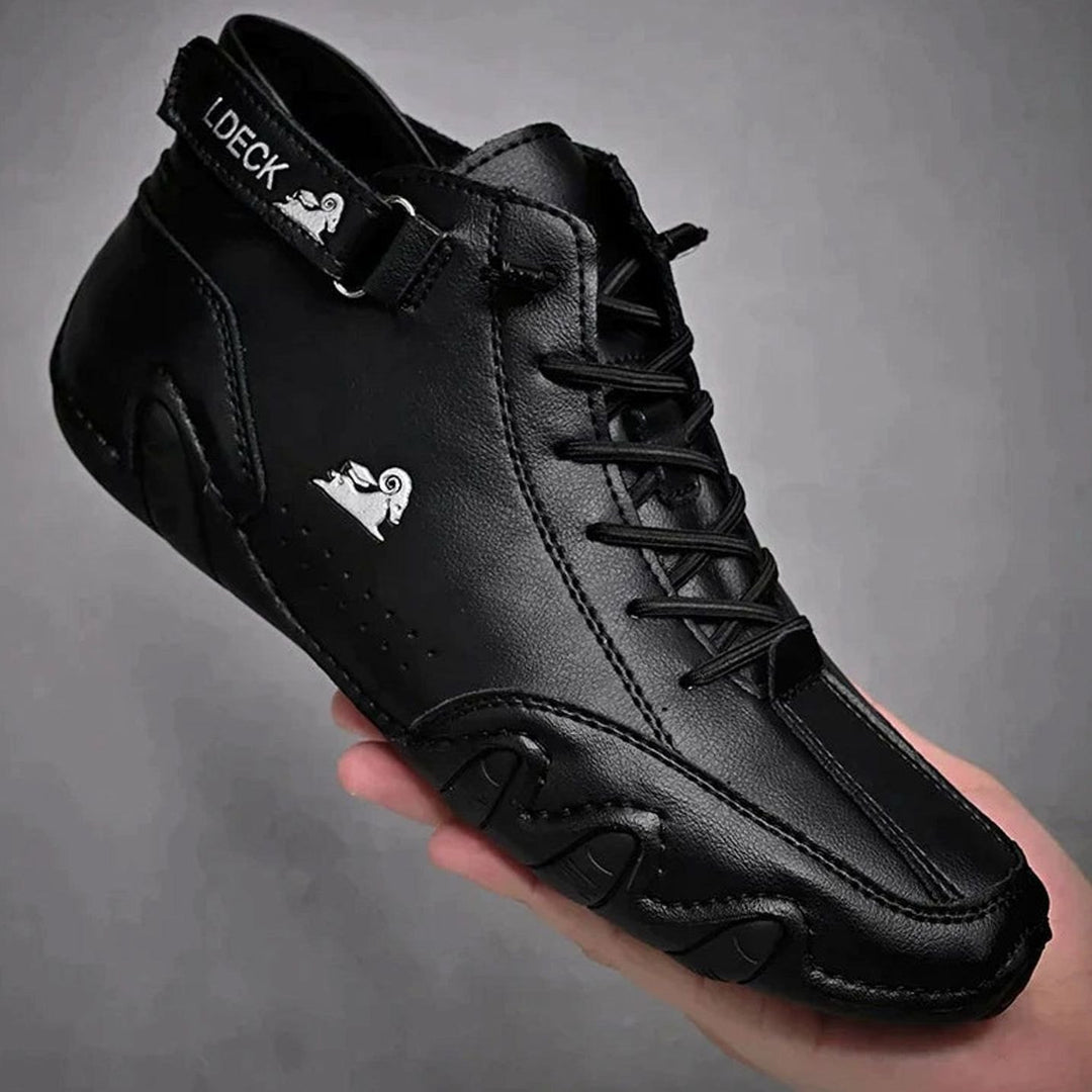 Herren Bequeme Barfußschuhe Leder Schnürsenkel Knöchelhohe Sneaker - Schwarz
