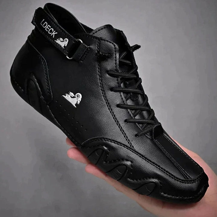 Herren Bequeme Barfußschuhe Leder Schnürsenkel Knöchelhohe Sneaker - Schwarz
