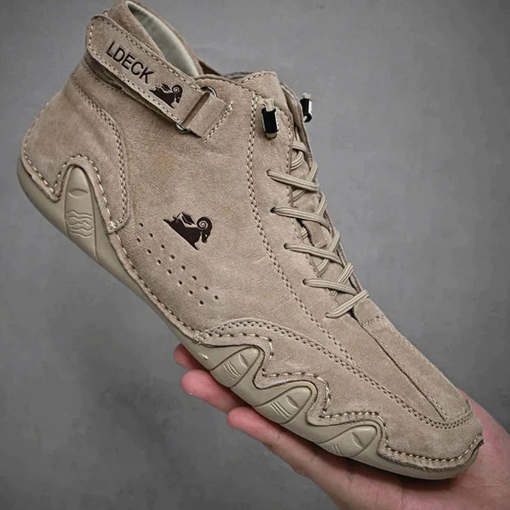 Herren Bequeme Barfußschuhe Leder Schnürsenkel Knöchelhohe Sneaker - Khaki