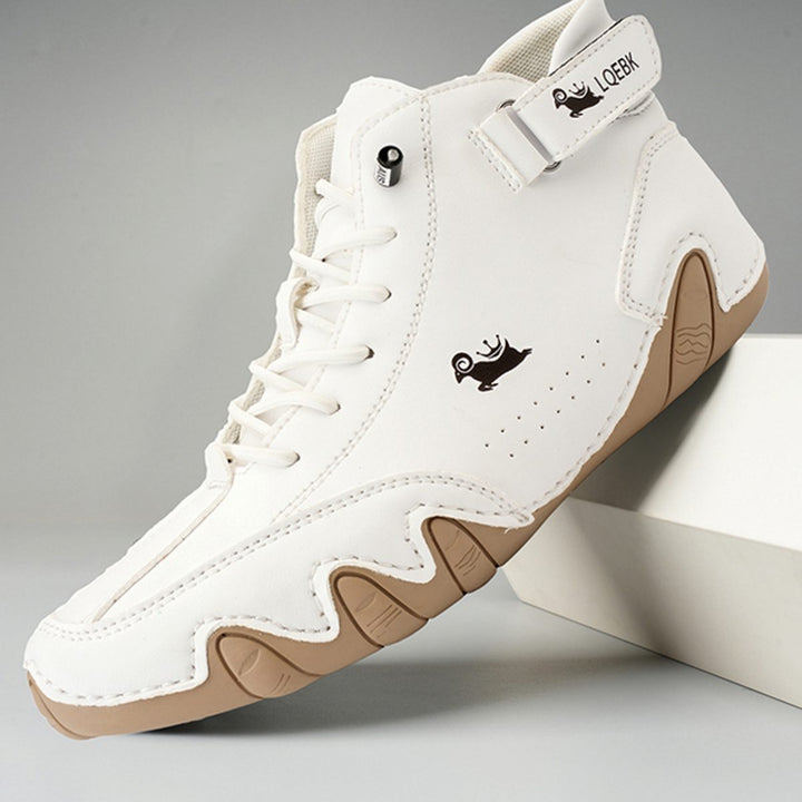 Herren Bequeme Barfußschuhe Leder Schnürsenkel Knöchelhohe Sneaker - Weiß