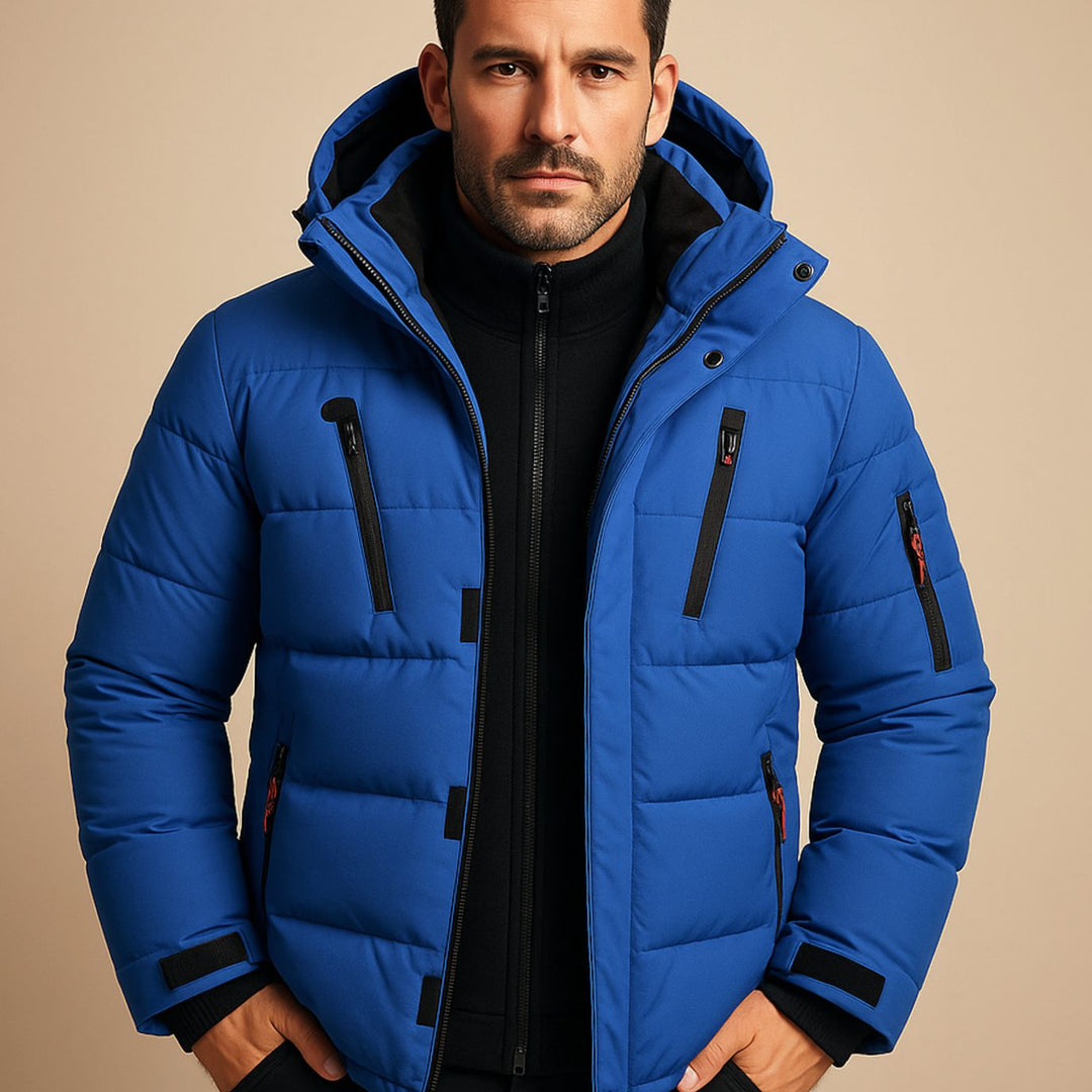 Herren Dicke Gefütterte Winterjacke mit Reißverschluss und Kapuze - Blau
