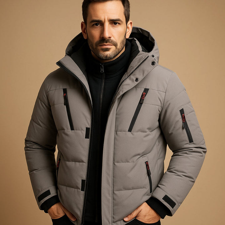 Herren Dicke Gefütterte Winterjacke mit Reißverschluss und Kapuze - Grau