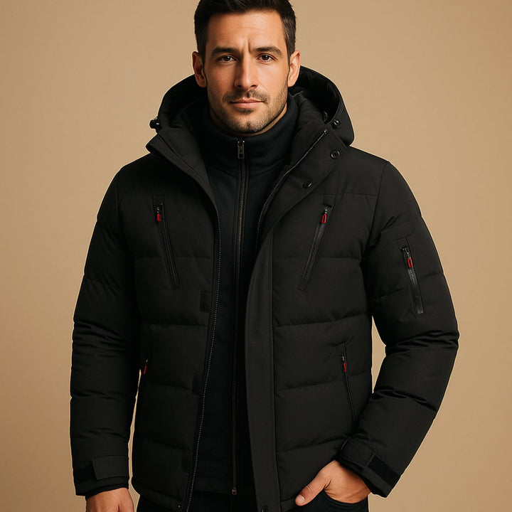 Herren Dicke Gefütterte Winterjacke mit Reißverschluss und Kapuze - Schwarz