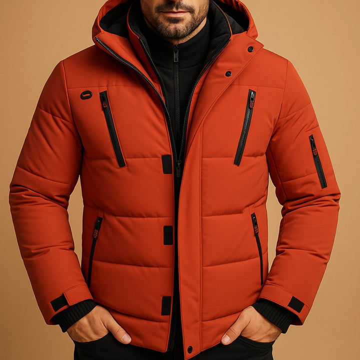 Herren Dicke Gefütterte Winterjacke mit Reißverschluss und Kapuze - Orange