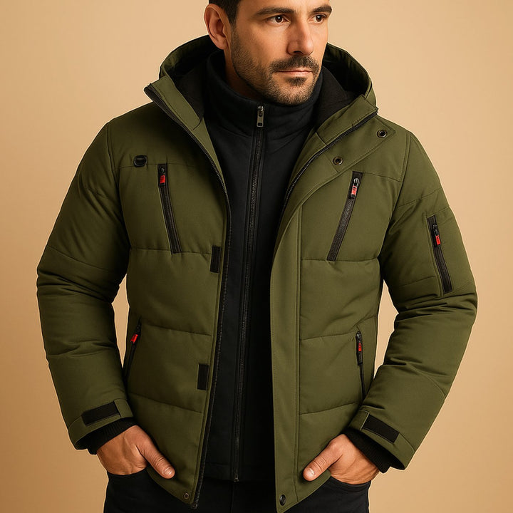 Herren Dicke Gefütterte Winterjacke mit Reißverschluss und Kapuze - Grün