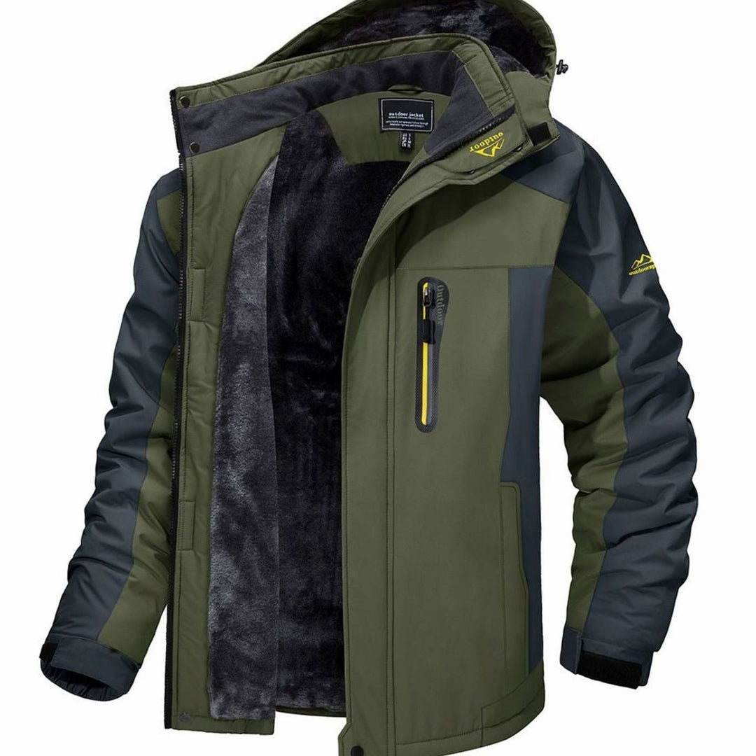 Herren Fleece-gefütterte Winterjacke mit Reißverschluss Kapuze Outdoor - Grün