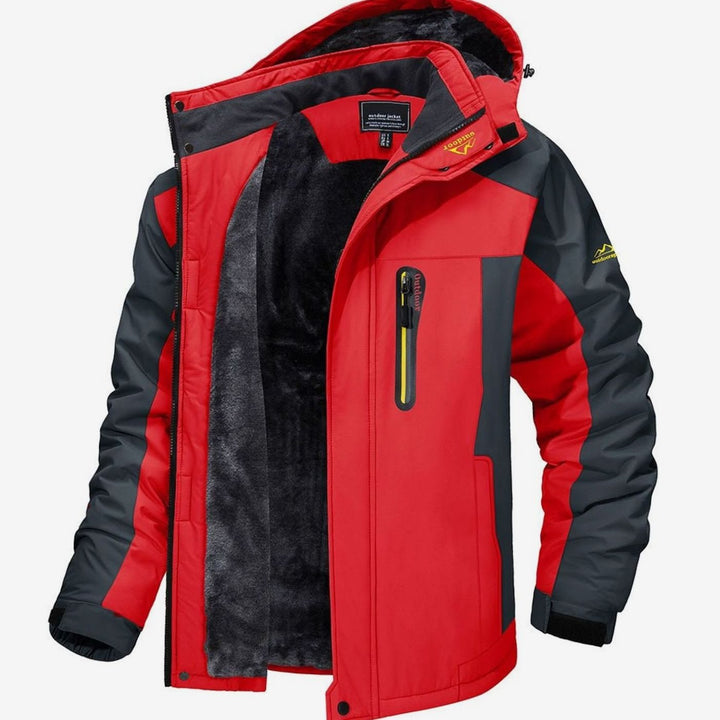 Herren Fleece-gefütterte Winterjacke mit Reißverschluss Kapuze Outdoor - Rot