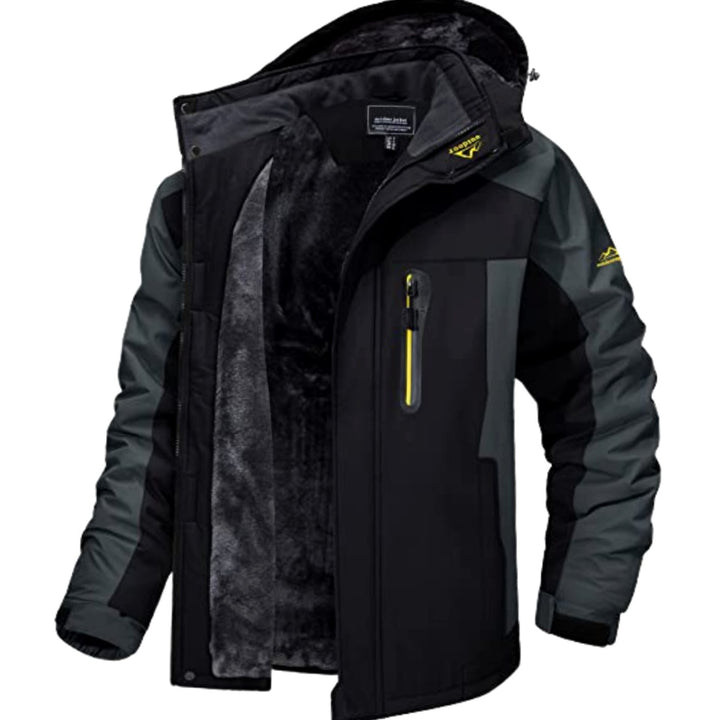 Herren Fleece-gefütterte Winterjacke mit Reißverschluss Kapuze Outdoor - Schwarz