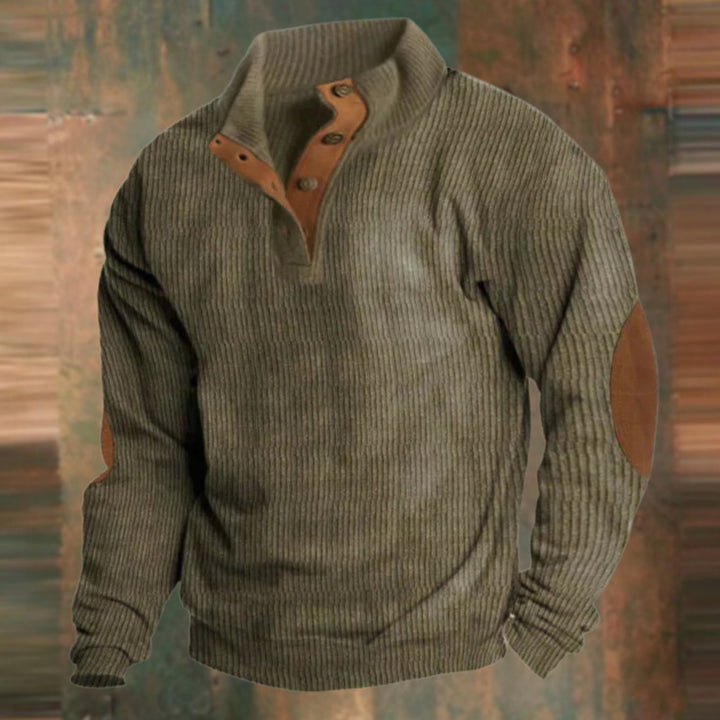 Herren Gerippter Pullover mit Knopfleiste am Kragen Ellenbogenpatches - Grün